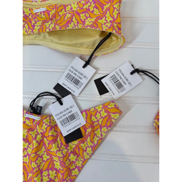 NWT KENDALL+KYLIE  Yellow Pink Flower Bandeau Bikini Swimsuit Coverup Set Sz S - Picture 3 of 5